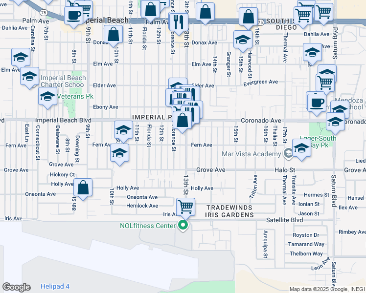 map of restaurants, bars, coffee shops, grocery stores, and more near 1241 Florence Street in Imperial Beach