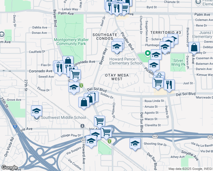 map of restaurants, bars, coffee shops, grocery stores, and more near 3340 Del Sol Boulevard in San Diego