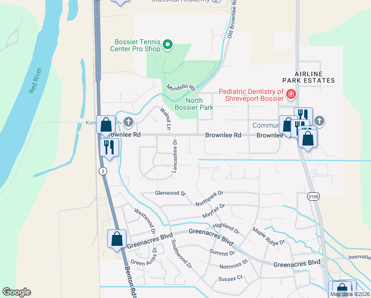 map of restaurants, bars, coffee shops, grocery stores, and more near 302 Lancashire Drive in Bossier City