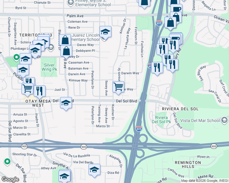 map of restaurants, bars, coffee shops, grocery stores, and more near 4231 Marge Way in San Diego
