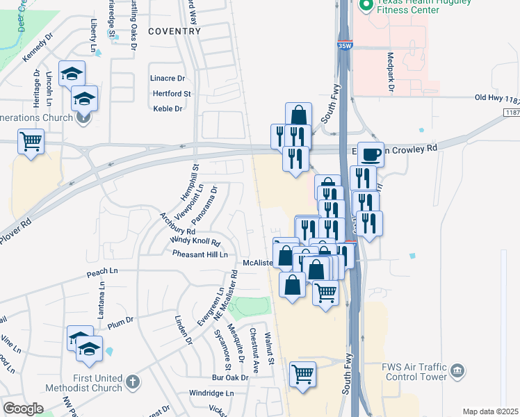 map of restaurants, bars, coffee shops, grocery stores, and more near 267 West Rendon Crowley Road in Burleson