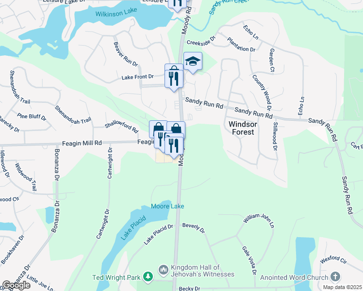 map of restaurants, bars, coffee shops, grocery stores, and more near 2607 Moody Road in Warner Robins