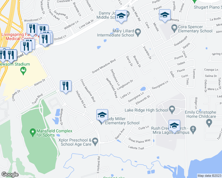 map of restaurants, bars, coffee shops, grocery stores, and more near 805 Netherfield Parkway in Mansfield