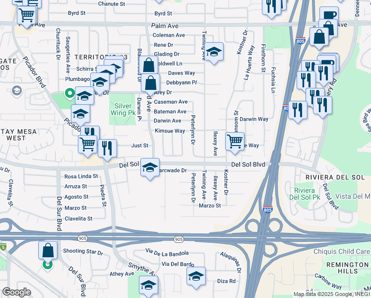 map of restaurants, bars, coffee shops, grocery stores, and more near 4105 Enero Street in San Diego