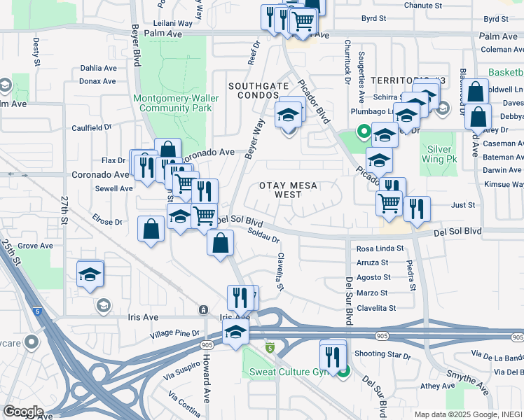 map of restaurants, bars, coffee shops, grocery stores, and more near 3340 Del Sol Boulevard in San Diego