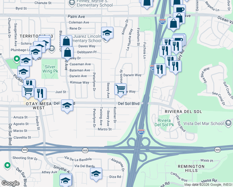 map of restaurants, bars, coffee shops, grocery stores, and more near 4231 Marge Way in San Diego