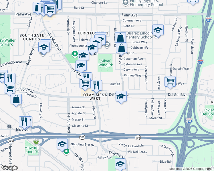 map of restaurants, bars, coffee shops, grocery stores, and more near 3763 Just Street in San Diego