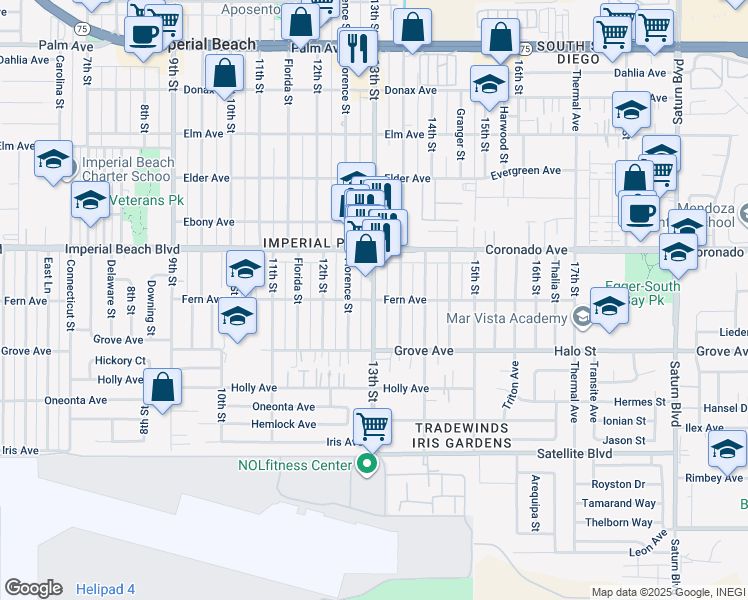 map of restaurants, bars, coffee shops, grocery stores, and more near 13th Street & Fern Avenue in Imperial Beach