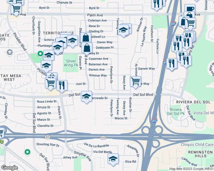 map of restaurants, bars, coffee shops, grocery stores, and more near 4105 Enero Street in San Diego