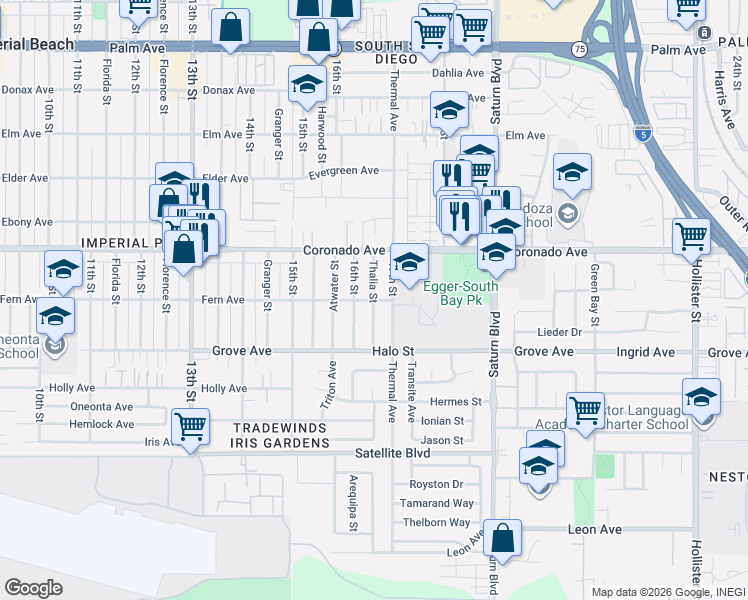 map of restaurants, bars, coffee shops, grocery stores, and more near 1233 Thalia Street in San Diego
