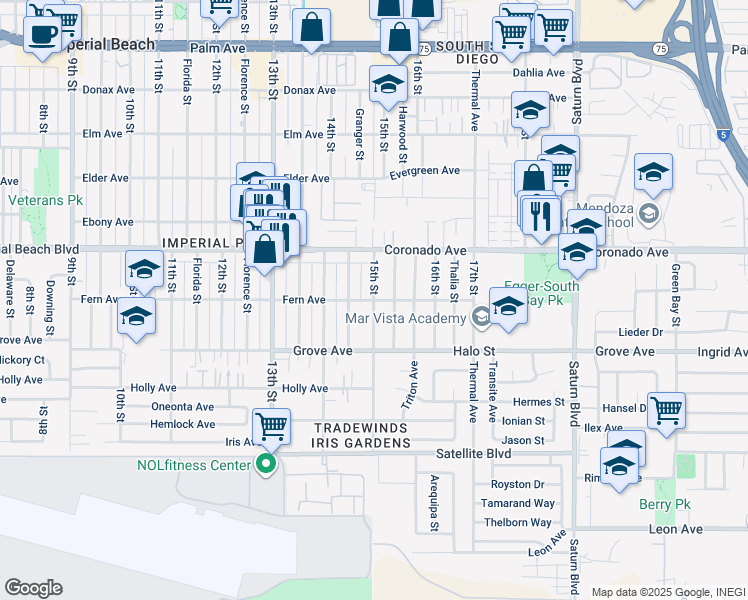map of restaurants, bars, coffee shops, grocery stores, and more near 1227 Granger Street in Imperial Beach