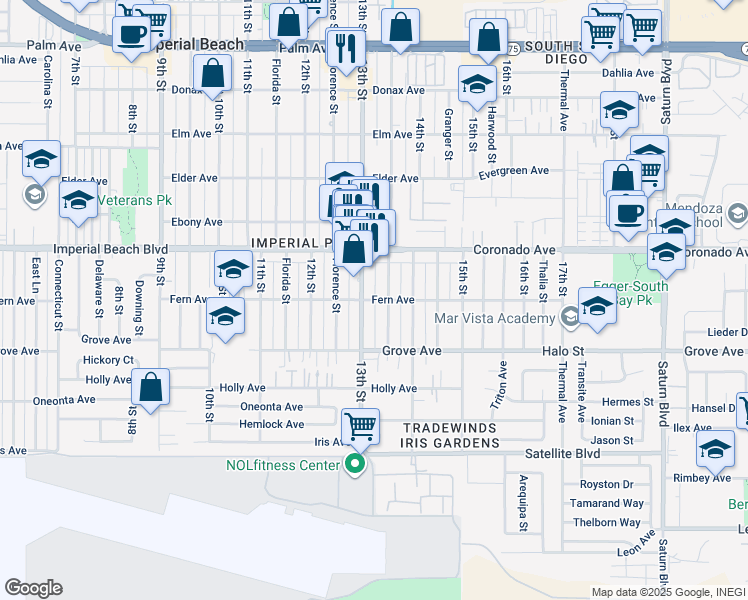 map of restaurants, bars, coffee shops, grocery stores, and more near 1234 Georgia Street in Imperial Beach