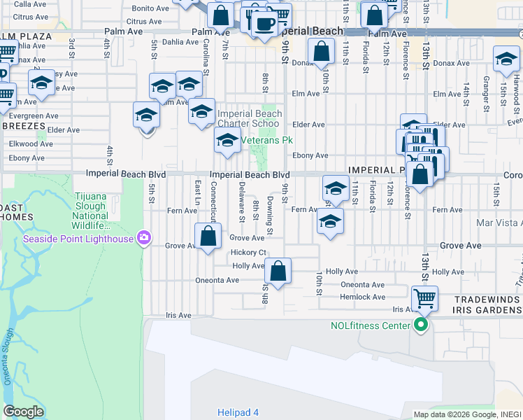 map of restaurants, bars, coffee shops, grocery stores, and more near 1250 Downing Street in Imperial Beach