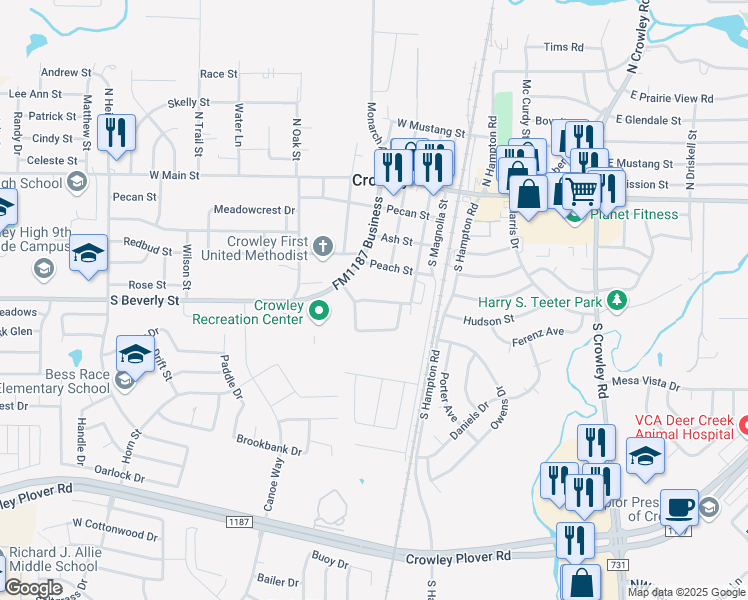 map of restaurants, bars, coffee shops, grocery stores, and more near 407 Amber Lane in Crowley