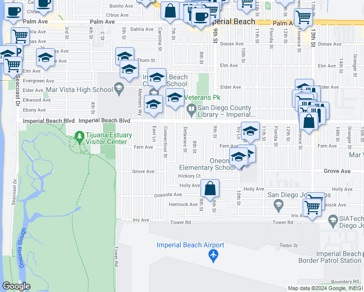 map of restaurants, bars, coffee shops, grocery stores, and more near 1214 Delaware Street in Imperial Beach