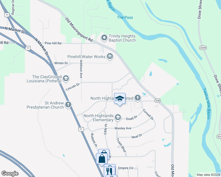 map of restaurants, bars, coffee shops, grocery stores, and more near 801 Lincoln Drive in Shreveport