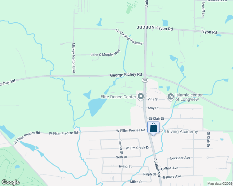 map of restaurants, bars, coffee shops, grocery stores, and more near 371 Don Koble Lane in Longview