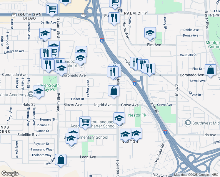 map of restaurants, bars, coffee shops, grocery stores, and more near 1130 22nd Street in San Diego