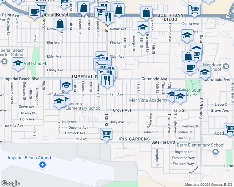 map of restaurants, bars, coffee shops, grocery stores, and more near 1163 Georgia Street in Imperial Beach