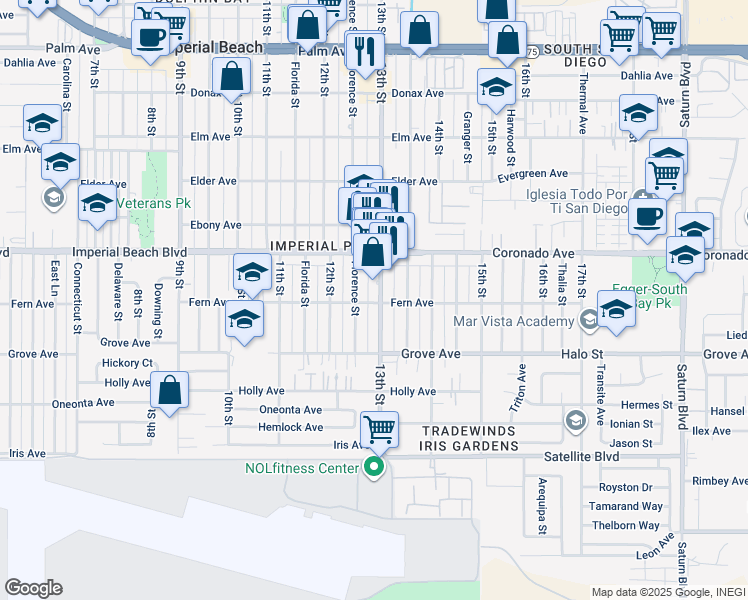 map of restaurants, bars, coffee shops, grocery stores, and more near 1297 Imperial Beach Boulevard in Imperial Beach