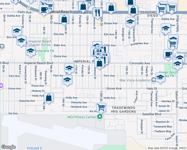 map of restaurants, bars, coffee shops, grocery stores, and more near 1297 Imperial Beach Boulevard in Imperial Beach