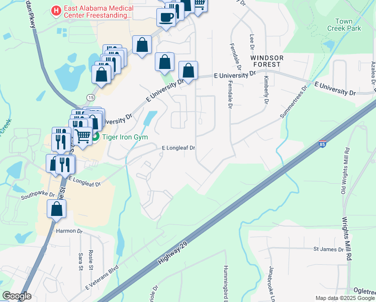 map of restaurants, bars, coffee shops, grocery stores, and more near 384 East Longleaf Drive in Auburn