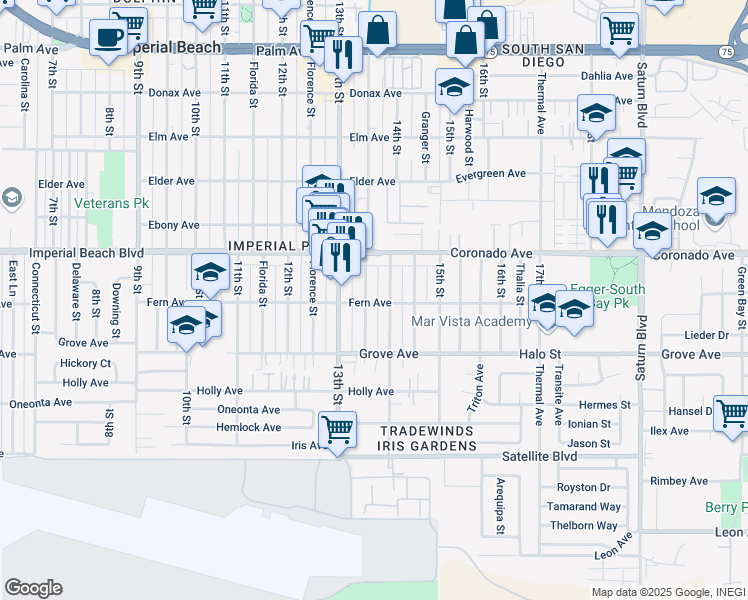 map of restaurants, bars, coffee shops, grocery stores, and more near 1195 Georgia Street in Imperial Beach