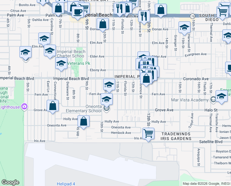 map of restaurants, bars, coffee shops, grocery stores, and more near 1048 Fern Avenue in Imperial Beach