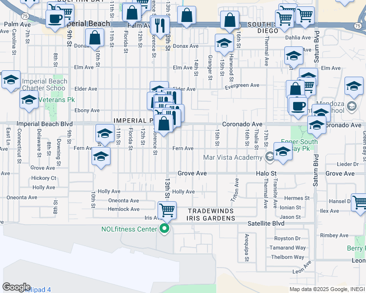 map of restaurants, bars, coffee shops, grocery stores, and more near 1163 Georgia Street in Imperial Beach