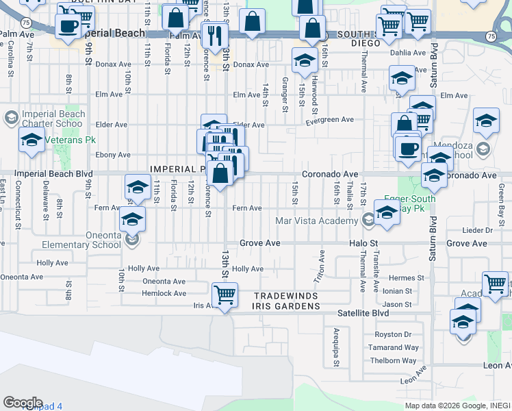 map of restaurants, bars, coffee shops, grocery stores, and more near 1380 Fern Avenue in Imperial Beach