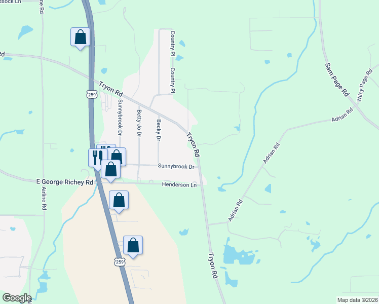 map of restaurants, bars, coffee shops, grocery stores, and more near 5938 Tryon Road in Longview