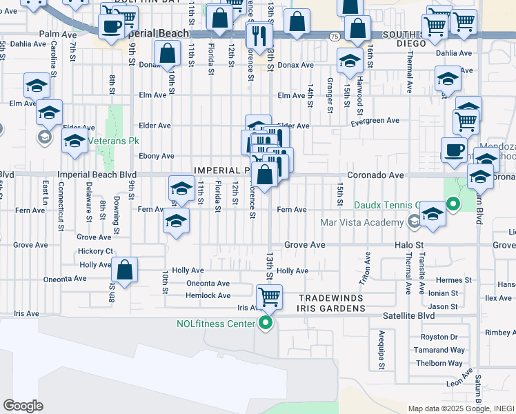 map of restaurants, bars, coffee shops, grocery stores, and more near in Imperial Beach