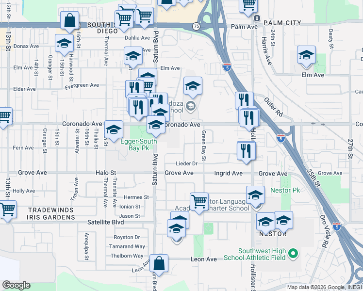 map of restaurants, bars, coffee shops, grocery stores, and more near 1161 Zurich Drive in San Diego