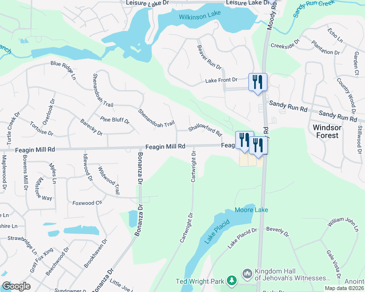 map of restaurants, bars, coffee shops, grocery stores, and more near 100 South Oaks Lane in Warner Robins