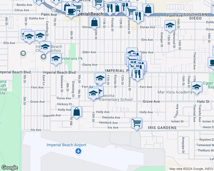 map of restaurants, bars, coffee shops, grocery stores, and more near 1052 Fern Avenue in Imperial Beach