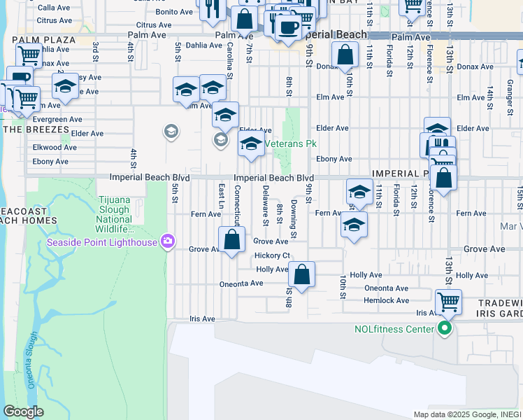 map of restaurants, bars, coffee shops, grocery stores, and more near 1206 Delaware Street in Imperial Beach
