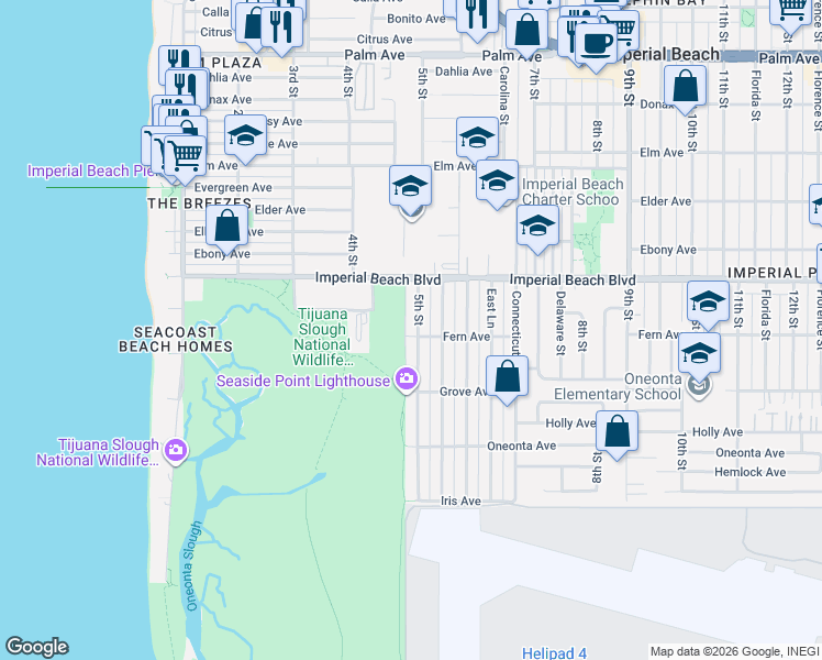 map of restaurants, bars, coffee shops, grocery stores, and more near 1192 5th Street in Imperial Beach