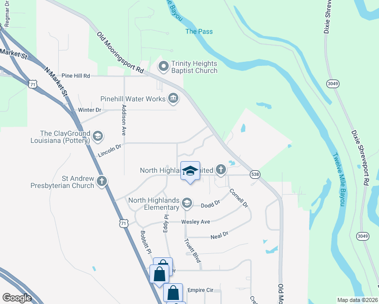 map of restaurants, bars, coffee shops, grocery stores, and more near 737 Lincoln Drive in Shreveport