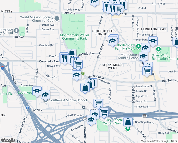 map of restaurants, bars, coffee shops, grocery stores, and more near 3069 Camino Aleta in San Diego