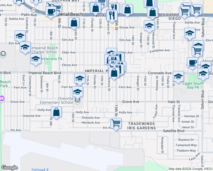 map of restaurants, bars, coffee shops, grocery stores, and more near 1297 Imperial Beach Boulevard in Imperial Beach