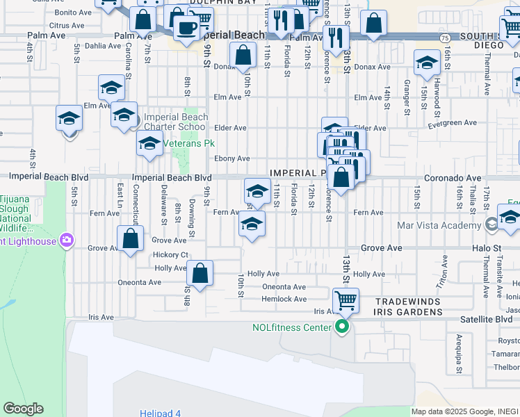 map of restaurants, bars, coffee shops, grocery stores, and more near 1037-1097 Imperial Beach Boulevard in Imperial Beach