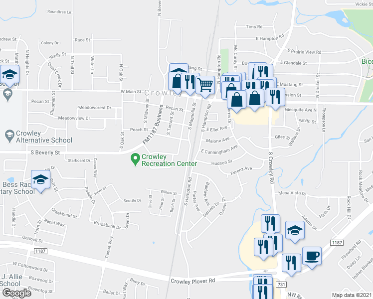 map of restaurants, bars, coffee shops, grocery stores, and more near 101 Peach Street in Crowley