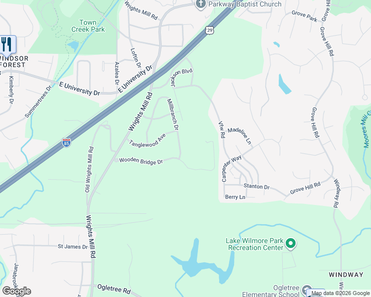 map of restaurants, bars, coffee shops, grocery stores, and more near 1476 Millbranch Drive in Auburn