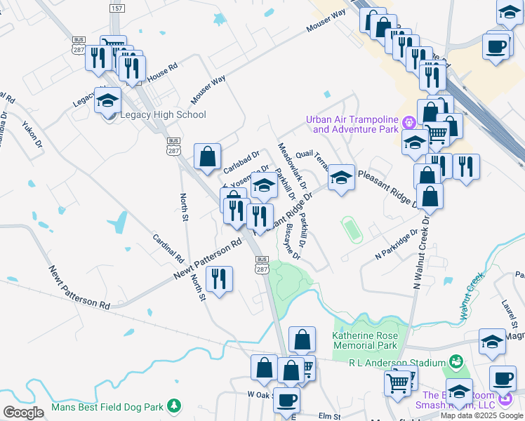 map of restaurants, bars, coffee shops, grocery stores, and more near 102 Pleasant Ridge Drive in Mansfield