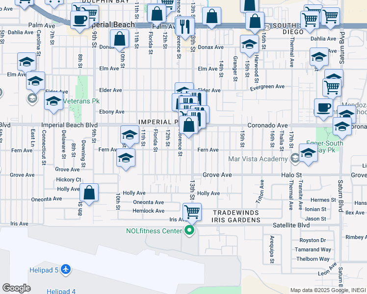 map of restaurants, bars, coffee shops, grocery stores, and more near 1297 Imperial Beach Boulevard in Imperial Beach