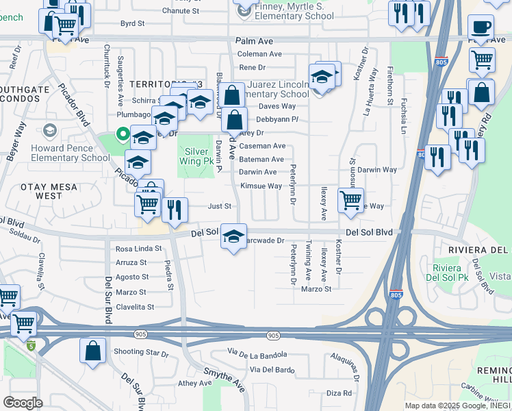 map of restaurants, bars, coffee shops, grocery stores, and more near 1195 Kenalan Drive in San Diego