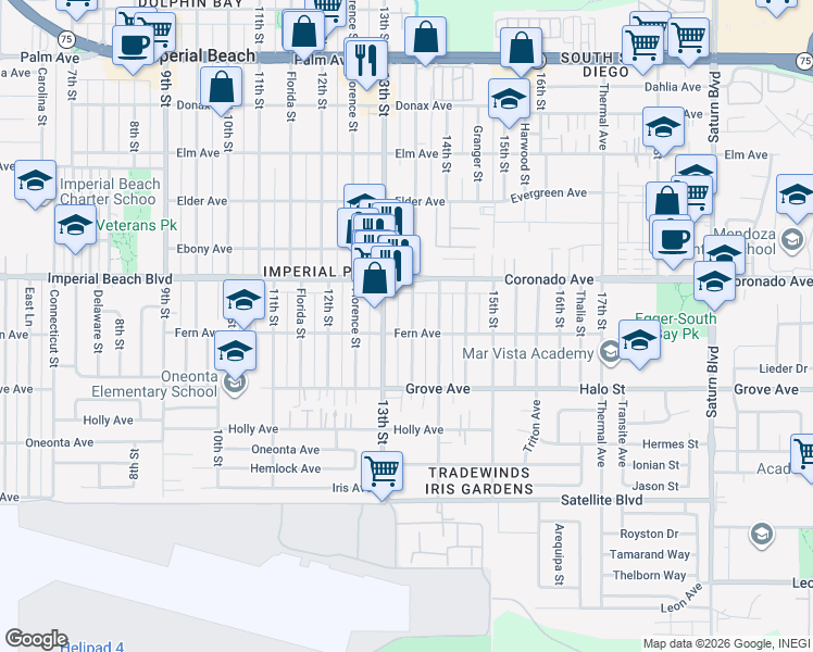 map of restaurants, bars, coffee shops, grocery stores, and more near 1186 Georgia Street in Imperial Beach