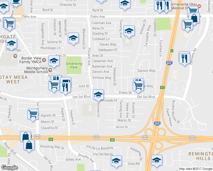 map of restaurants, bars, coffee shops, grocery stores, and more near 1196 Danober Drive in San Diego