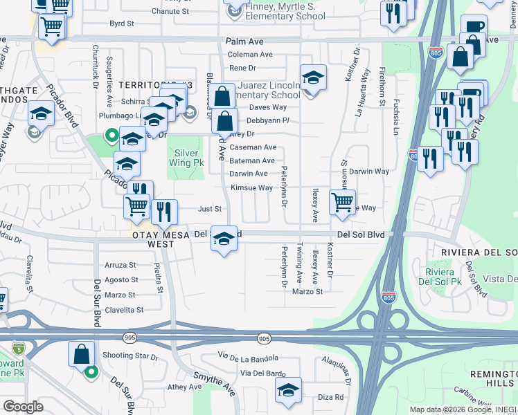 map of restaurants, bars, coffee shops, grocery stores, and more near 1195 Dawnell Drive in San Diego