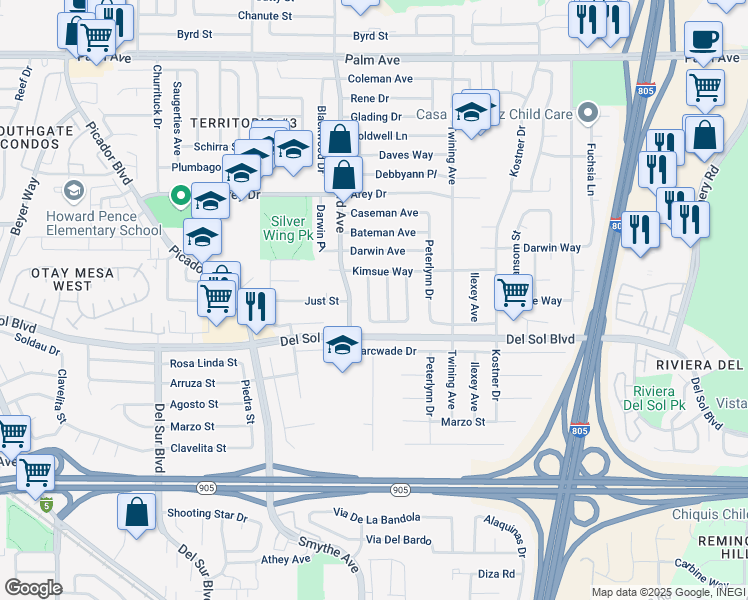 map of restaurants, bars, coffee shops, grocery stores, and more near 1195 Kenalan Drive in San Diego